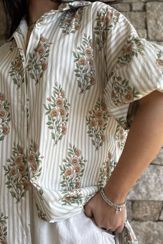 Mika Flower & Stripe Duster Shirt Stone